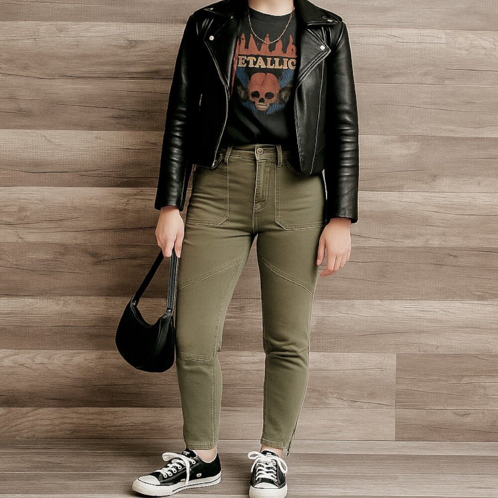 Urban Outfitters BDG Moto Ankle Zip Skinny Jeans Olive Green Size 26
